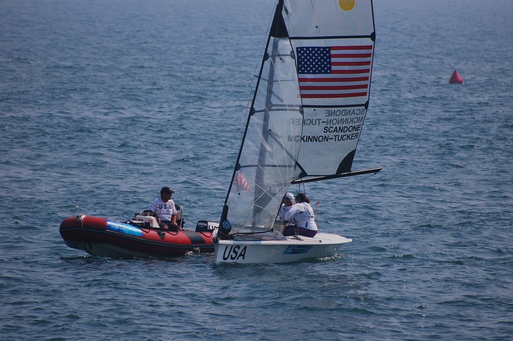 Nick Scandone and Maureen Mckinnon-Tucker cionfer with their coach on Day 4 of the SKUD 19 class at the 2008 Paralympics    © Dan Tucker http://sailchallengeinspire.org/